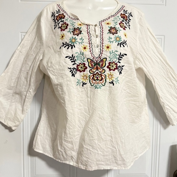 North Style Embroidered Blouse SZ Large Floral Coastal Hippie Boho Nostalgia - Picture 1 of 6